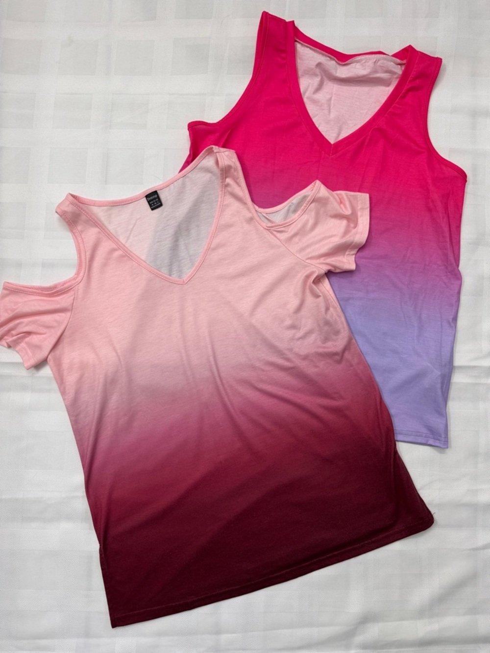 Set of 2. SHEIN Pink Ombre V-Neck Tank & Cold-Shoulder Tops Set